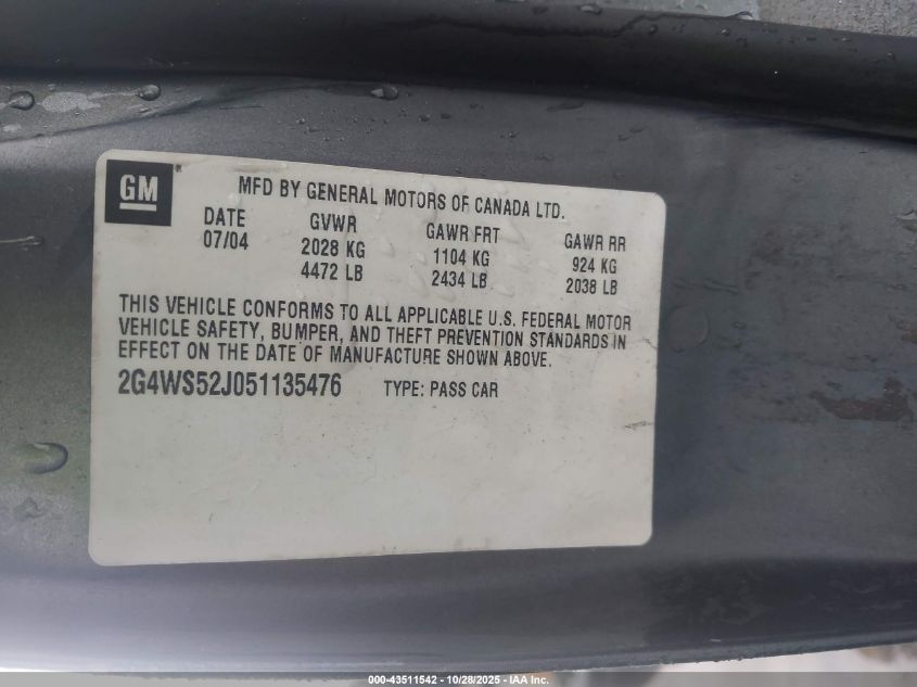 2005 Buick Century VIN: 2G4WS52J051135476 Lot: 43511542