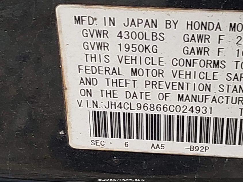 2006 Acura Tsx VIN: JH4CL96866C024931 Lot: 43511575