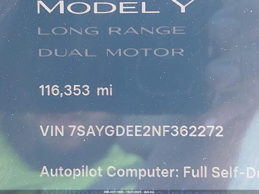 2022 Tesla Model Y Long Range Dual Motor All-Wheel Drive VIN: 7SAYGDEE2NF362272 Lot: 43511600