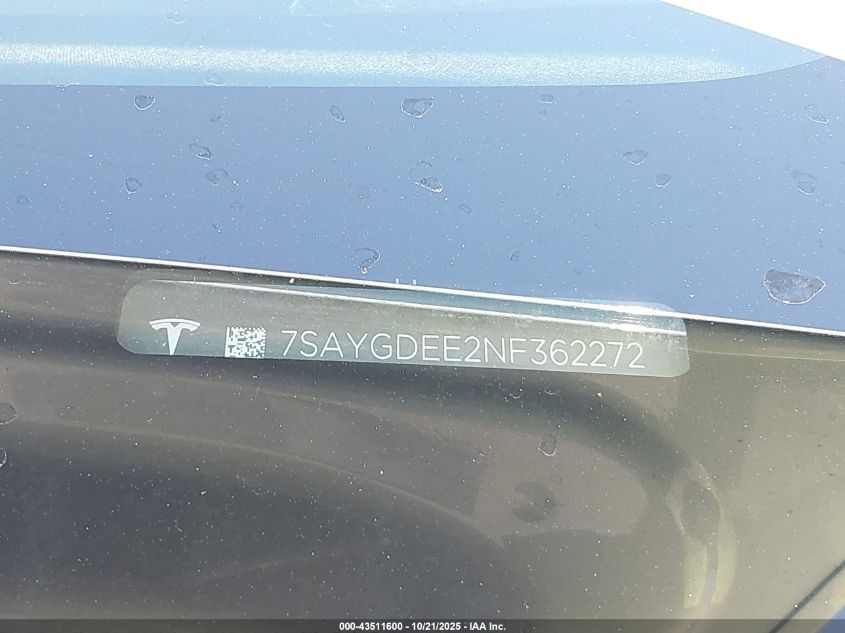 2022 Tesla Model Y Long Range Dual Motor All-Wheel Drive VIN: 7SAYGDEE2NF362272 Lot: 43511600