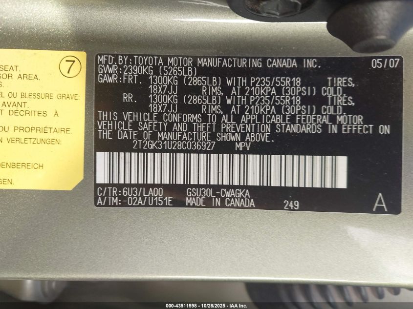 2008 Lexus Rx 350 VIN: 2T2GK31U28C036927 Lot: 43511598