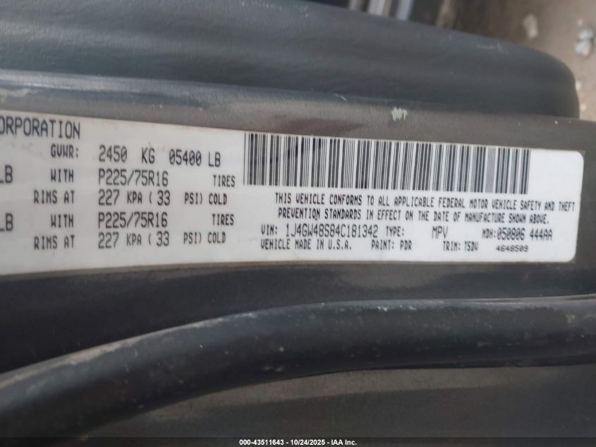 2004 Jeep Grand Cherokee Laredo VIN: 1J4GW48S84C181342 Lot: 43511643