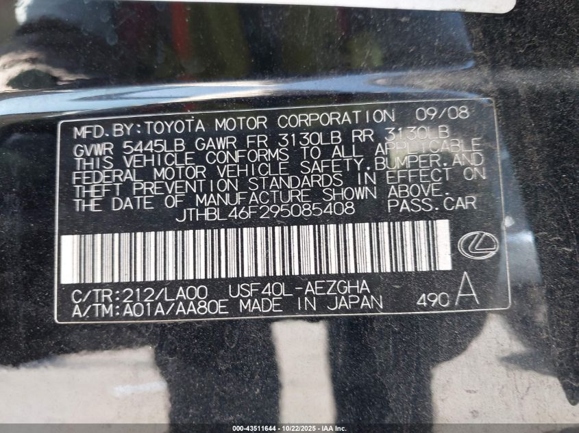 2009 Lexus Ls 460 VIN: JTHBL46F295085408 Lot: 43511644