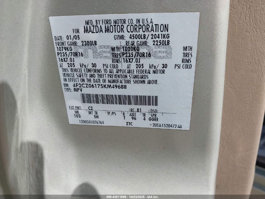 2005 Mazda Tribute S VIN: 4F2CZ06175KM49688 Lot: 43511656