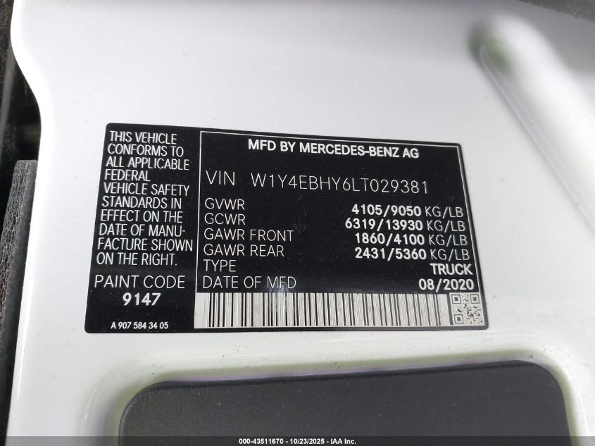 2020 Mercedes-Benz Sprinter 2500 Standard Roof V6 VIN: W1Y4EBHY6LT029381 Lot: 43511670