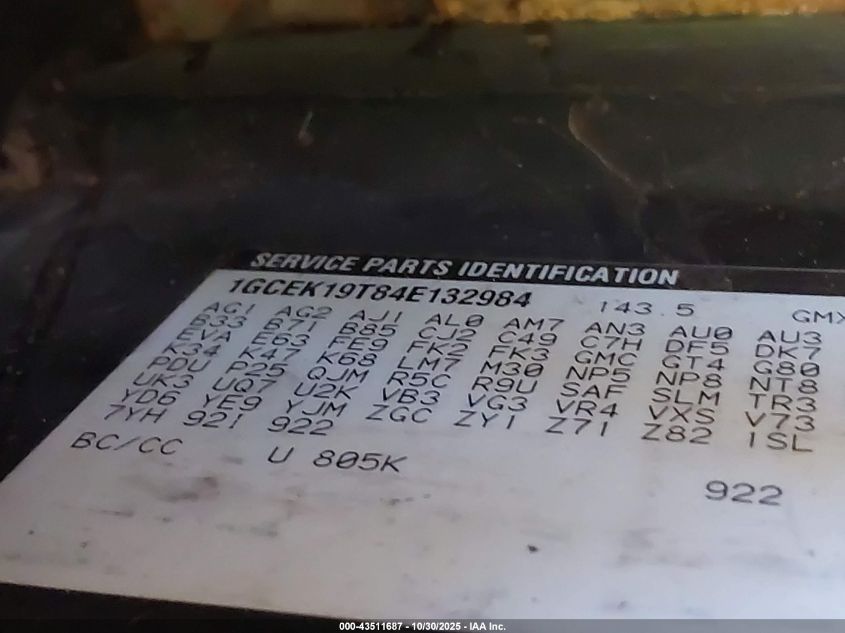 2004 Chevrolet Silverado 1500 Z71 VIN: 1GCEK19T84E132984 Lot: 43511687