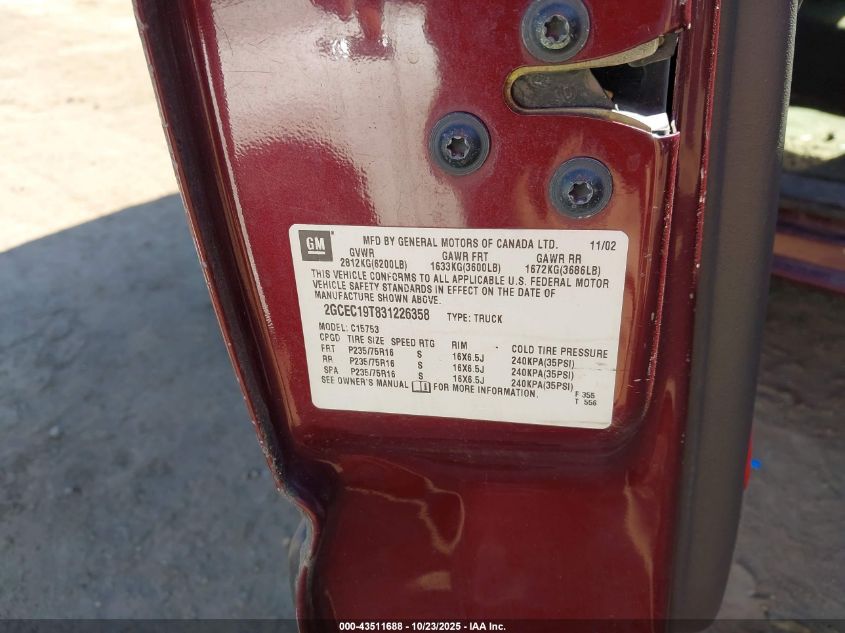 2003 Chevrolet Silverado 1500 Ls VIN: 2GCEC19T831226358 Lot: 43511688