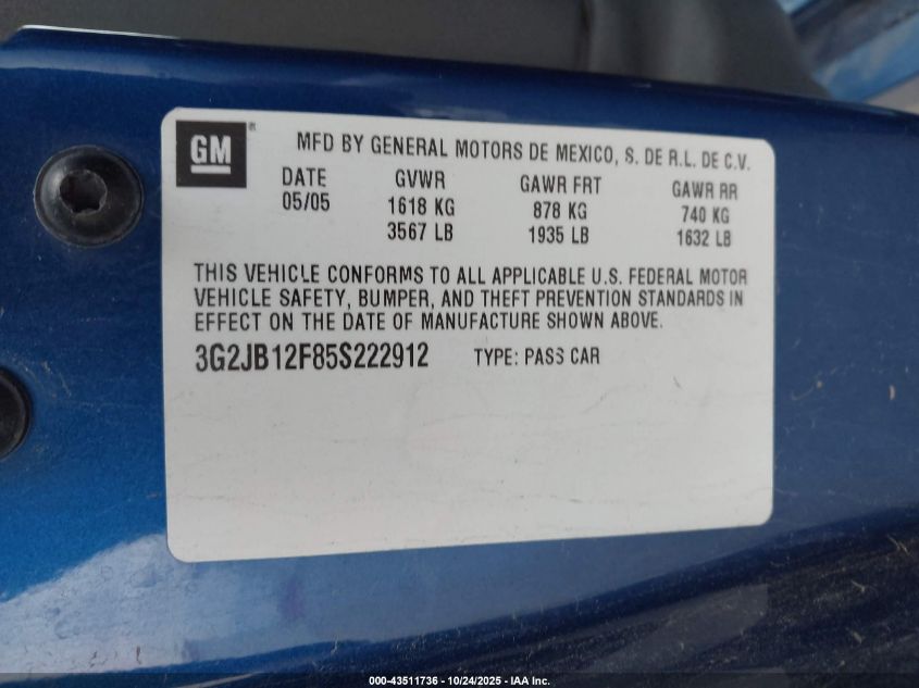 2005 Pontiac Sunfire VIN: 3G2JB12F85S222912 Lot: 43511736