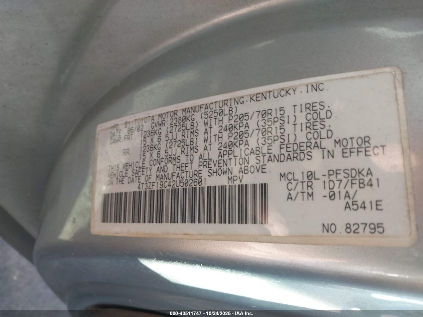 2002 Toyota Sienna Ce VIN: 4T3ZF19C42U502601 Lot: 43511747