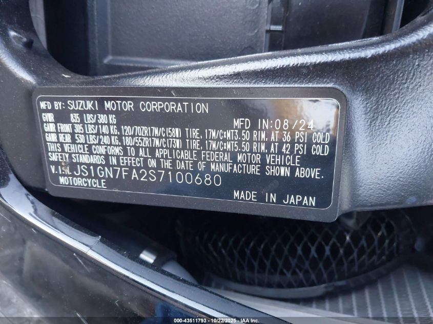 2025 Suzuki Gsx-R600 VIN: JS1GN7FA2S7100680 Lot: 43511793