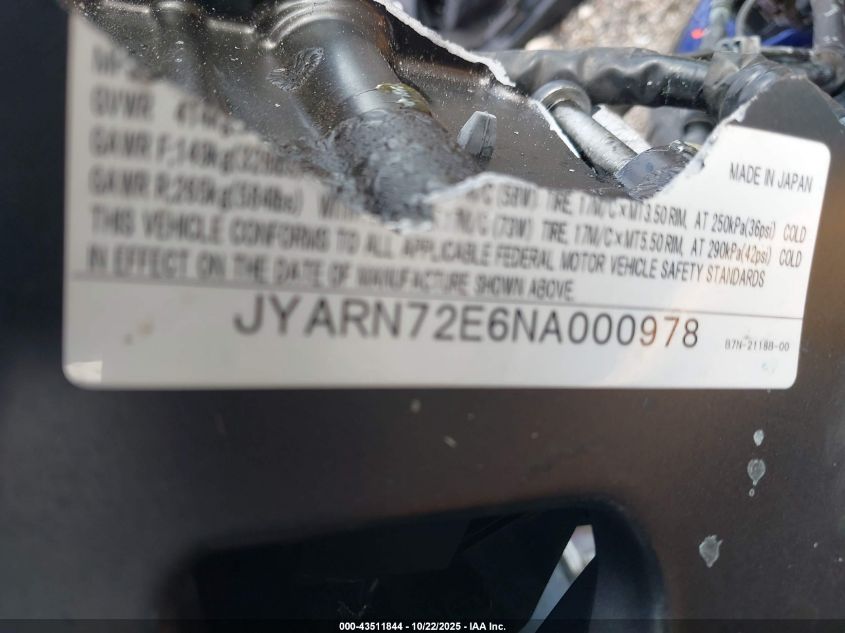 2022 Yamaha Mt09 D VIN: JYARN72E6NA000978 Lot: 43511844