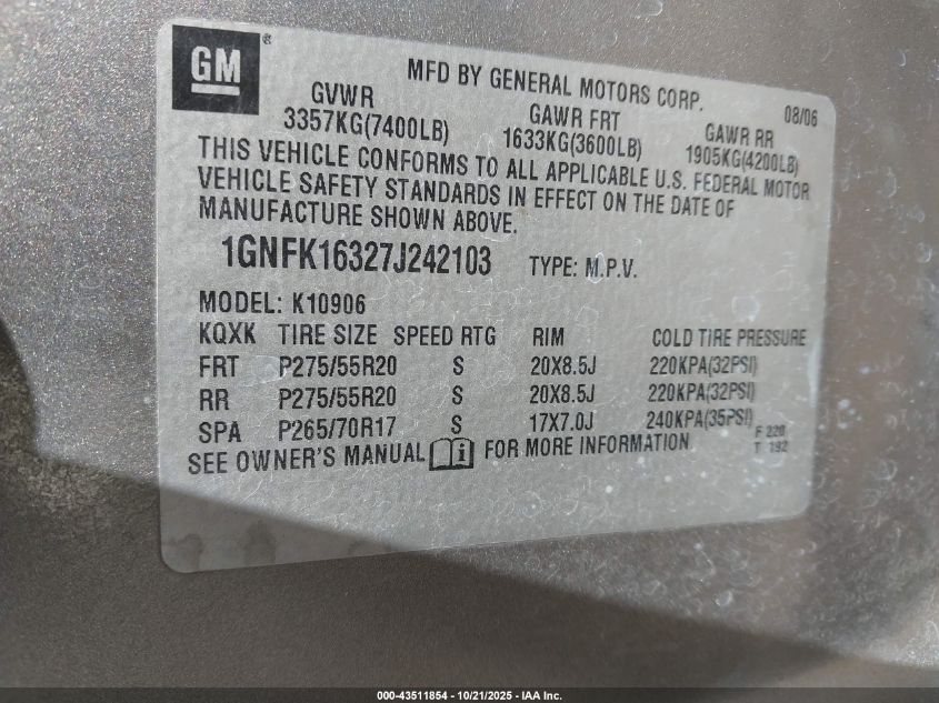 2007 Chevrolet Suburban 1500 Ltz VIN: 1GNFK16327J242103 Lot: 43511854