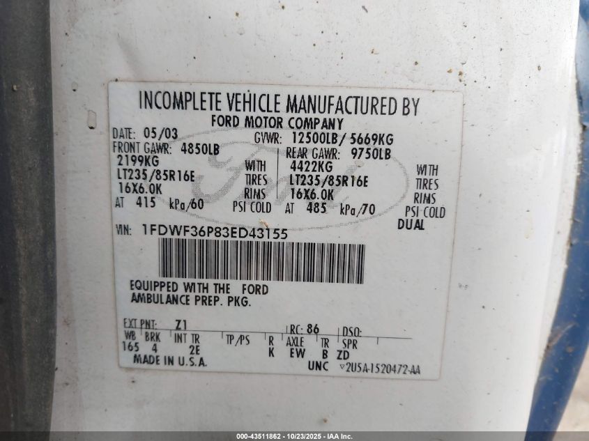 2003 Ford F-350 Xl/Xlt VIN: 1FDWF36P83ED43155 Lot: 43511862