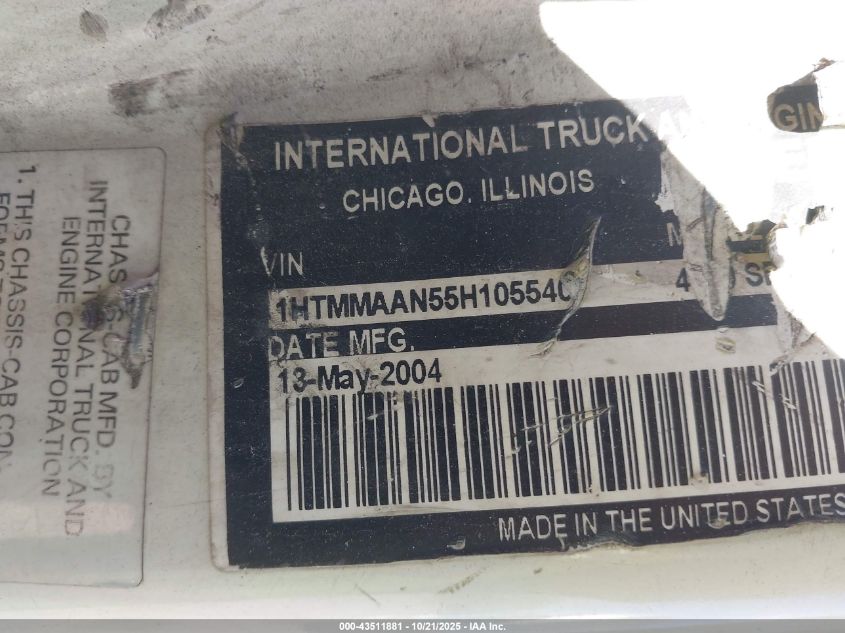 2005 International 4000 4300 VIN: 1HTMMAAN55H105540 Lot: 43511881