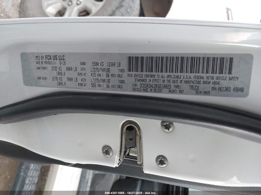 2019 Ram 3500 Big Horn 4X4 8' Box VIN: 3C63R3HL2KG610023 Lot: 43511885