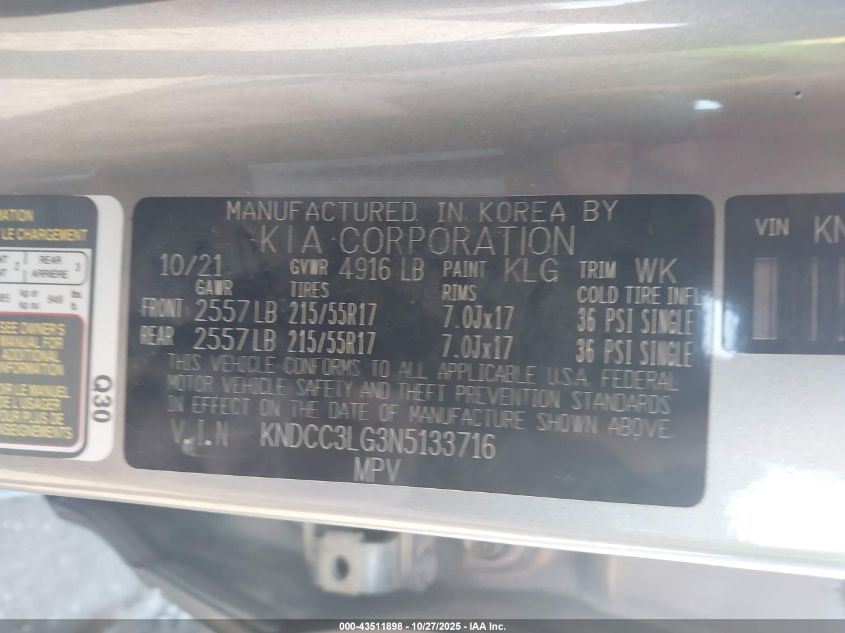 2022 Kia Niro Ev Ex VIN: KNDCC3LG3N5133716 Lot: 43511898