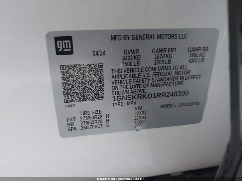 2024 CHEVROLET TAHOE 4WD RST 1GNSKRKD1RR248300