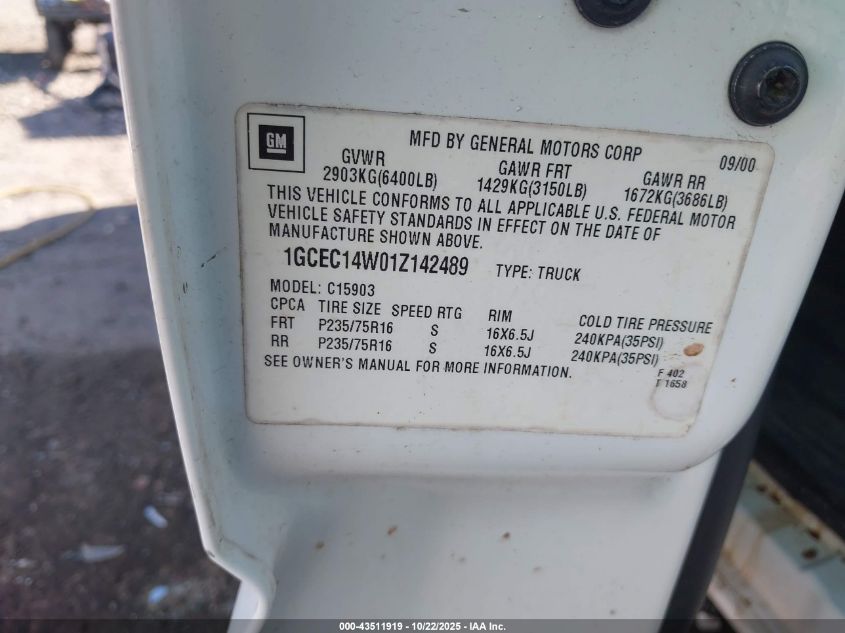 2001 Chevrolet Silverado 1500 VIN: 1GCEC14W01Z142489 Lot: 43511919