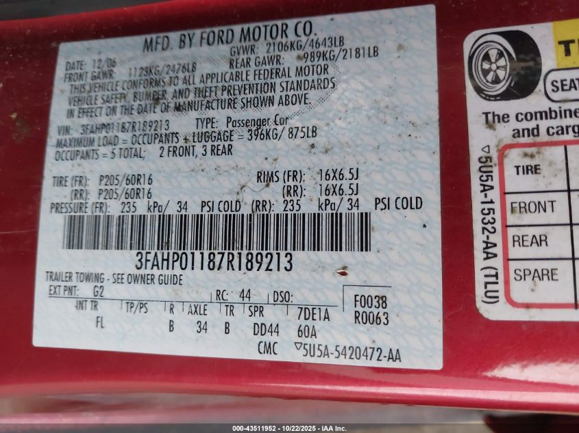 2007 Ford Fusion Se VIN: 3FAHP01187R189213 Lot: 43511952