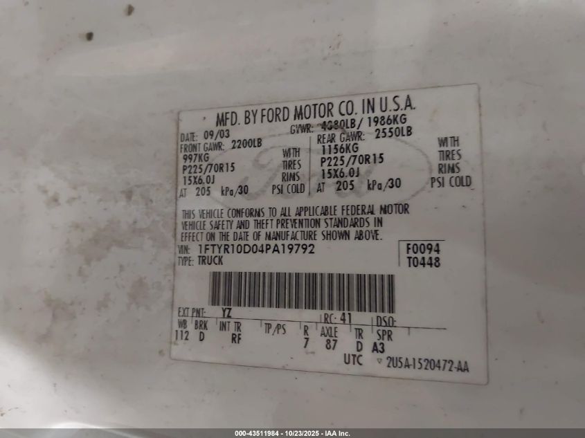 2004 Ford Ranger Xl/Xlt VIN: 1FTYR10D04PA19792 Lot: 43511984
