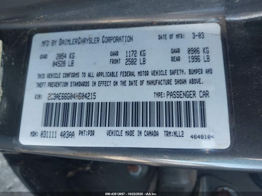 2004 Chrysler 300M VIN: 2C3AE66G04H604215 Lot: 43512057