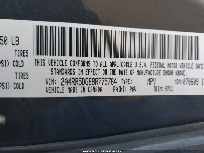 2011 Chrysler Town & Country Touring VIN: 2A4RR5DG8BR775764 Lot: 43512071