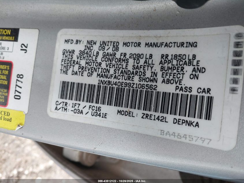 2009 Toyota Corolla Xle VIN: 1NXBU40E99Z106562 Lot: 43512122