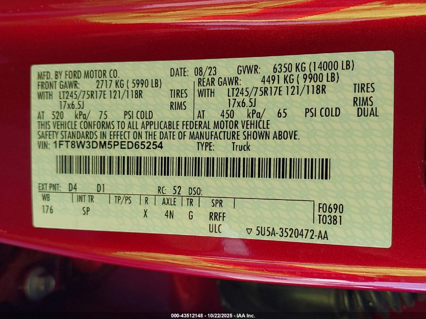 2023 Ford F-350 King Ranch VIN: 1FT8W3DM5PED65254 Lot: 43512148