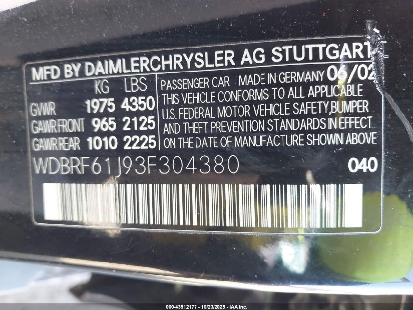 2003 Mercedes-Benz C 240 VIN: WDBRF61J93F304380 Lot: 43512177