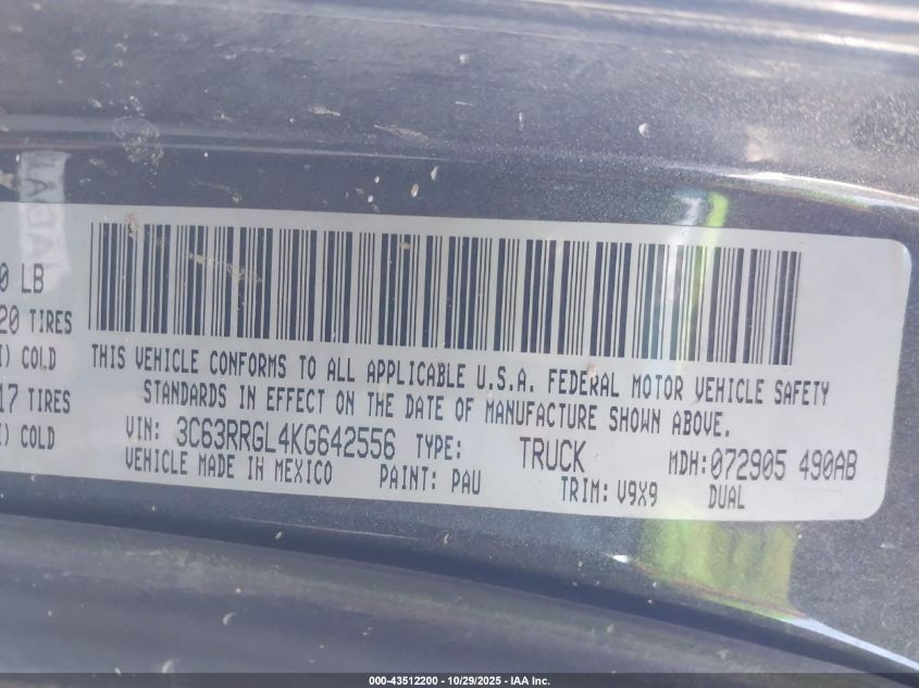 2019 Ram 3500 Tradesman 4X4 8' Box VIN: 3C63RRGL4KG642556 Lot: 43512200