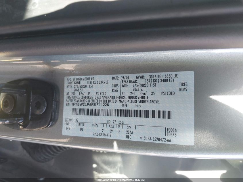 2024 Ford F-150 Stx VIN: 1FTEW2LP5RKF11228 Lot: 43512213