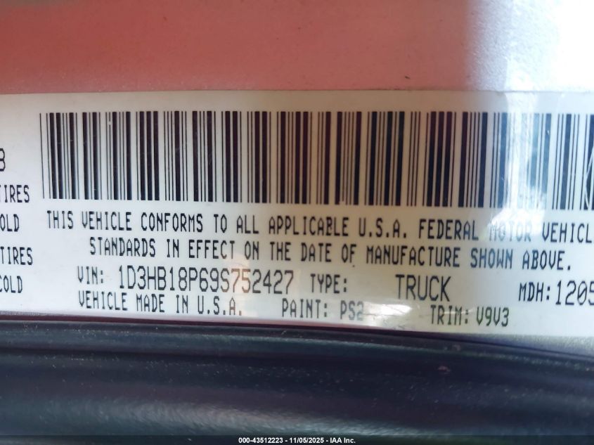 2009 Dodge Ram 1500 St VIN: 1D3HB18P69S752427 Lot: 43512223