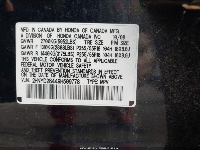 2009 Acura Mdx Technology Package VIN: 2HNYD28449H509778 Lot: 43512231