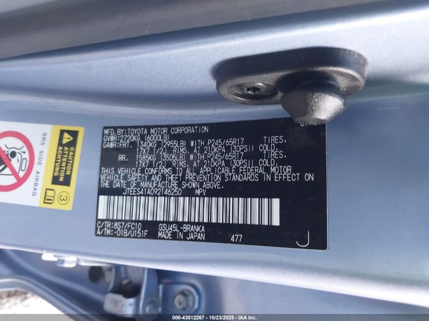 2009 Toyota Highlander VIN: JTEES41A092146250 Lot: 43512267