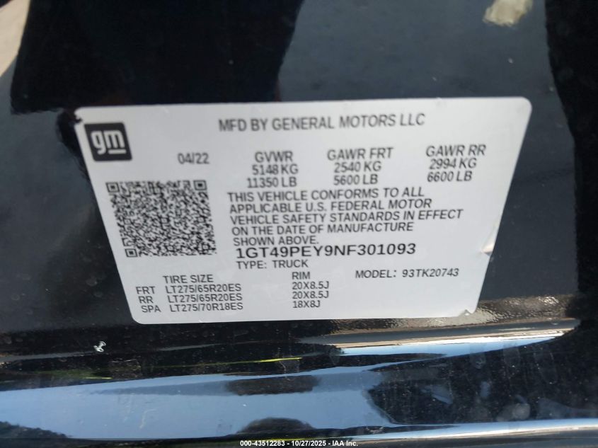 2022 GMC Sierra 2500Hd 4Wd Standard Bed At4 VIN: 1GT49PEY9NF301093 Lot: 43512283