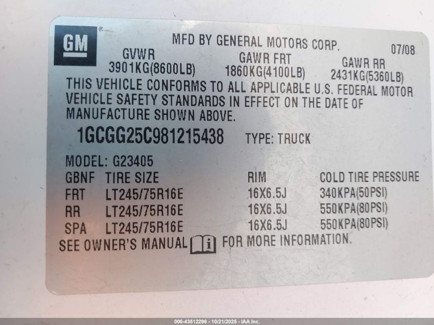 2008 Chevrolet Express Work Van VIN: 1GCGG25C981215438 Lot: 43512296