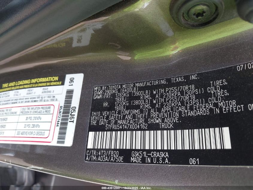 2007 Toyota Tundra Sr5 V6 VIN: 5TFRU54147X004162 Lot: 43512307