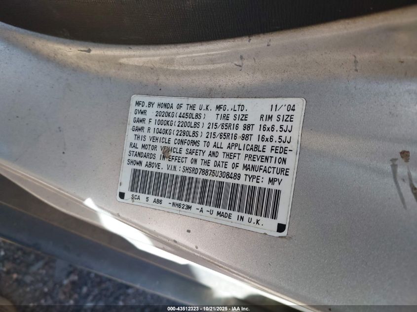 2005 Honda Cr-V Ex VIN: SHSRD78875U308489 Lot: 43512323