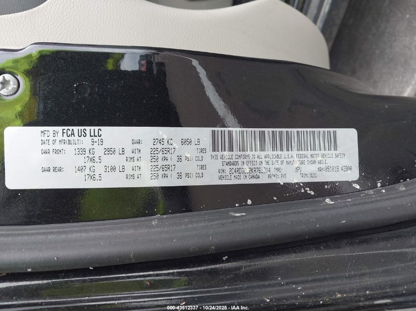 2019 Dodge Grand Caravan Sxt VIN: 2C4RDGCG2KR765314 Lot: 43512337