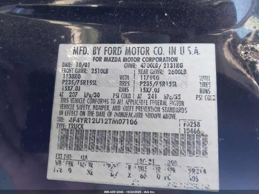 2002 Mazda B3000 Ds VIN: 4F4YR12U12TM07106 Lot: 43512340