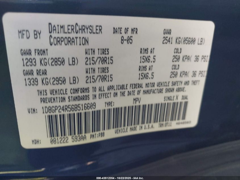 2006 Dodge Grand Caravan Se VIN: 1D8GP24R56B516609 Lot: 43512354