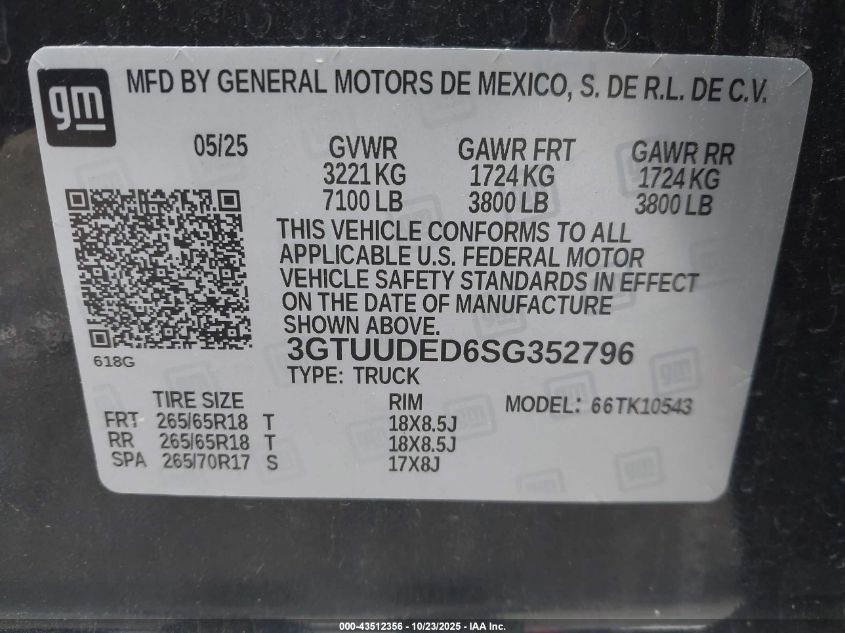 2025 GMC Sierra 1500 4Wd Short Box Slt VIN: 3GTUUDED6SG352796 Lot: 43512356