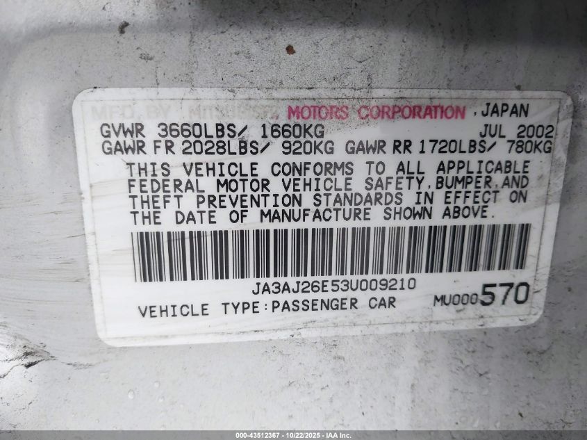 2003 Mitsubishi Lancer Es VIN: JA3AJ26E53U009210 Lot: 43512367