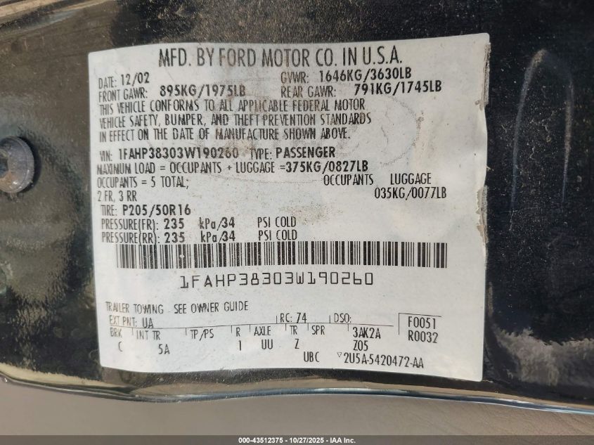 2003 Ford Focus Zts VIN: 1FAHP38303W190260 Lot: 43512375