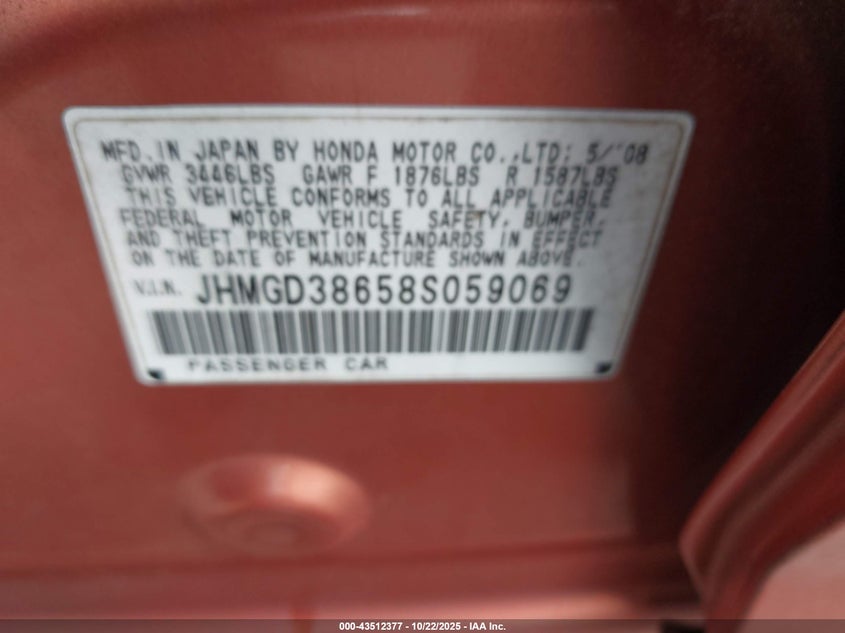 JHMGD38658S059069 2008 HONDA FIT photo no. 9