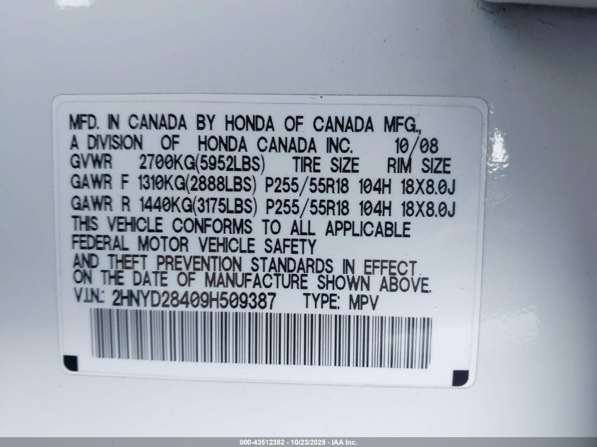 2009 Acura Mdx Technology Package VIN: 2HNYD28409H509387 Lot: 43512382