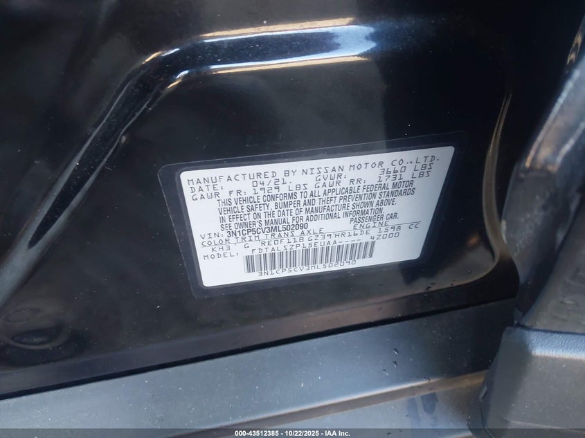 2021 NISSAN KICKS SV XTRONIC CVT 3N1CP5CV3ML502090