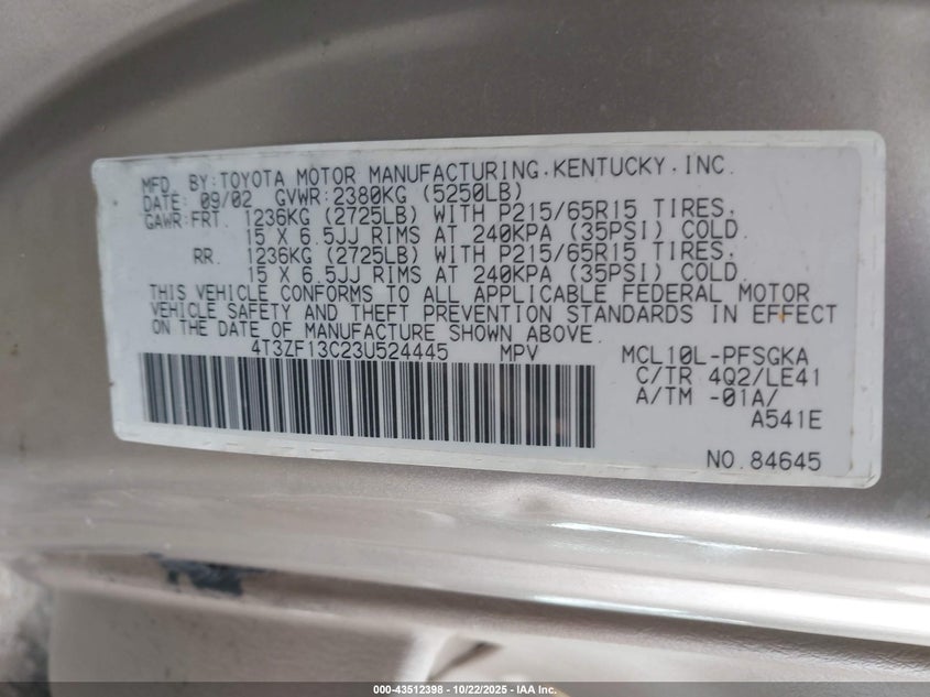 4T3ZF13C23U524445 2003 TOYOTA SIENNA photo no. 9