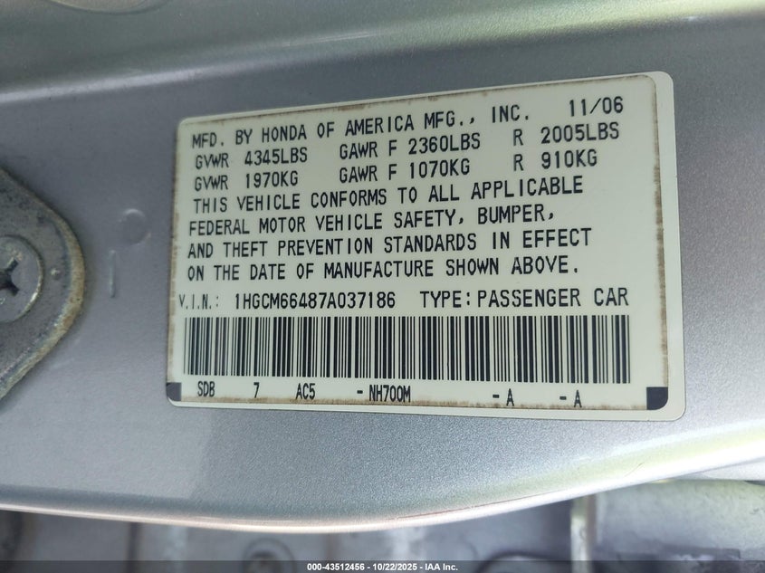 1HGCM66487A037186 2007 HONDA ACCORD photo no. 9