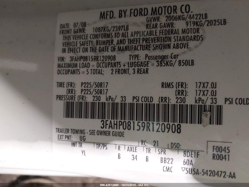 2009 Ford Fusion Sel VIN: 3FAHP08159R120908 Lot: 43512460